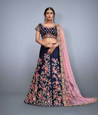 Royal Blue Embroidered Velvet Semi Stitched Lehenga With Dupatta 1