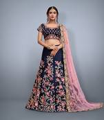 Royal Blue Embroidered Velvet Semi Stitched Lehenga With Dupatta