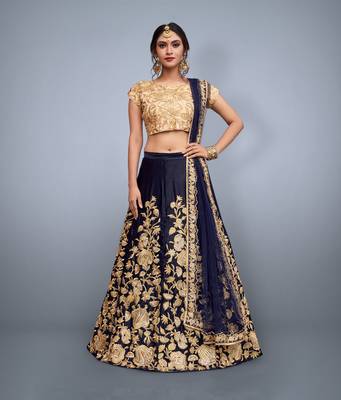 Navy-Blue Embroidered Velvet Semi Stitched Lehenga With Dupatta 2