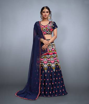 Navy Blue Zari And Resham Embroidered Velvet Silk Lehenga Choli For Navratri Special 2
