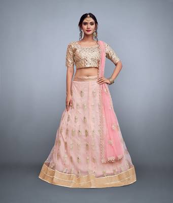  Baby Pink Sequins And Dori Embroidered Net Lehenga Choli For Bridesmaid 1