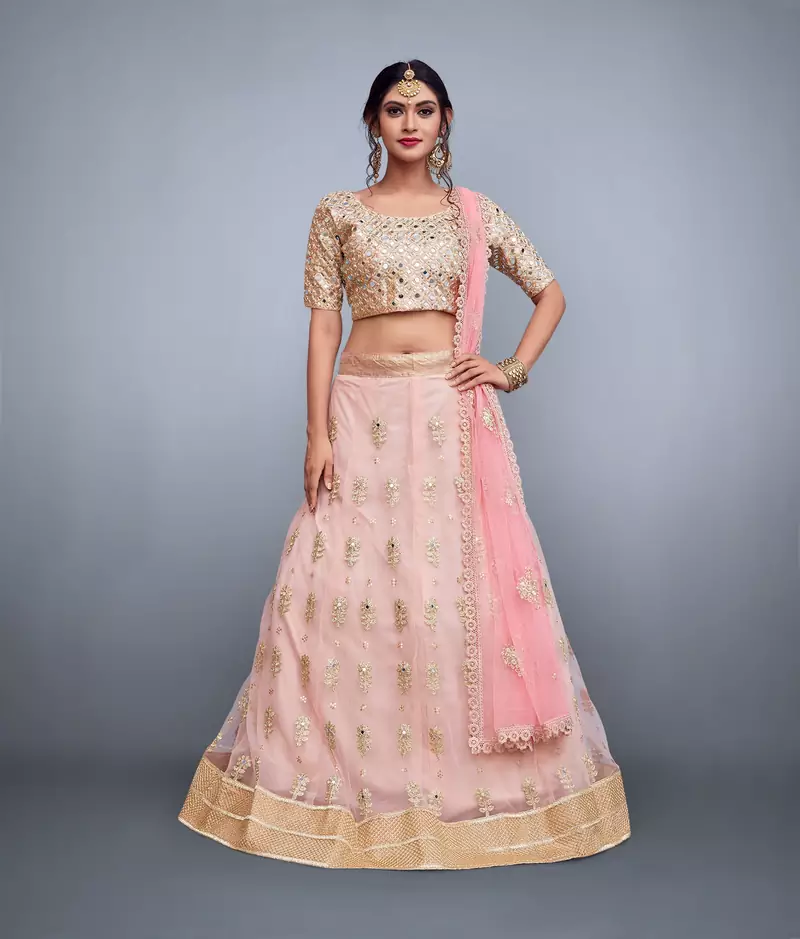 Delightful Baby Pink Sequins And Dori Embroidered Net fabric lehenga choli for bridesmaid