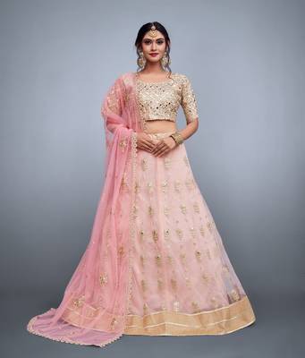  Baby Pink Sequins And Dori Embroidered Net Lehenga Choli For Bridesmaid 2