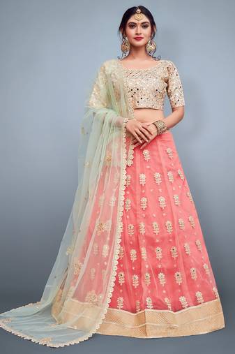 Pink Dori Sequins Embroidered Net Lehenga Choli