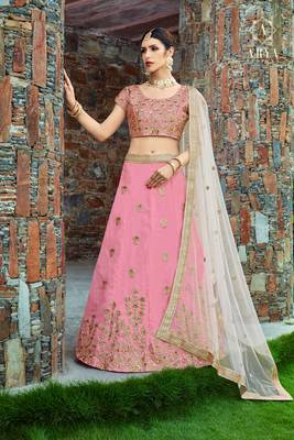 Baby Pink Pearl Golden Embroidered Art Silk Semi Stitched bridal lehenga 1