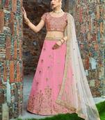 Baby Pink Pearl Golden Embroidered Art Silk Semi Stitched bridal lehenga