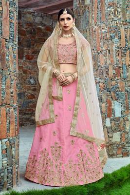 Baby Pink Pearl Golden Embroidered Art Silk Semi Stitched bridal lehenga 2