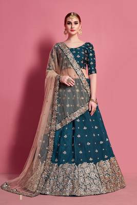 Dark Green Sequins Embroidered Art Silk Semi Stitched bridal lehenga 1