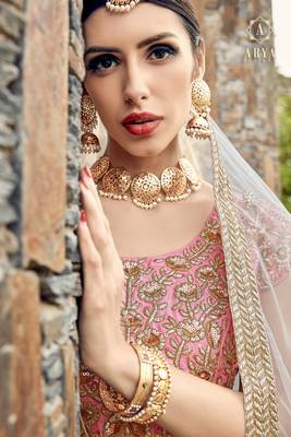 Baby Pink Pearl Golden Embroidered Art Silk Semi Stitched bridal lehenga 3