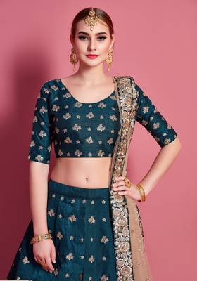 Dark Green Sequins Embroidered Art Silk Semi Stitched bridal lehenga 2