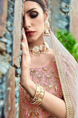 Baby Pink Pearl Golden Embroidered Art Silk Semi Stitched bridal lehenga 4