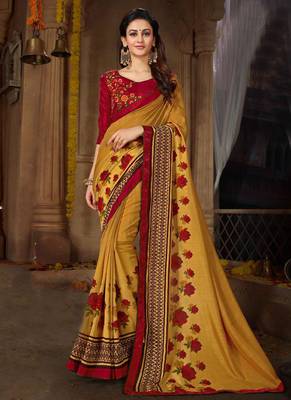 Dark mustard printed georgette saree with blouse 1