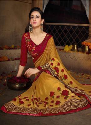 Dark mustard printed georgette saree with blouse 2