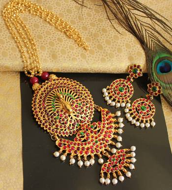 Beautiful Handmade Kemp Green Temple Peacock Designer Pendant Long Necklace Set  1