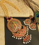 Beautiful Handmade Kemp Green Temple Peacock Designer Pendant Long Necklace Set 