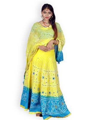 Yellow And Firozi Cotton Jaipuri Readymade Lehenga 1