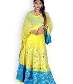 Yellow And Firozi Cotton Jaipuri Readymade Lehenga
