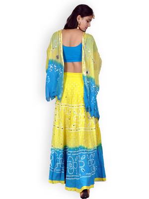 Yellow And Firozi Cotton Jaipuri Readymade Lehenga 3