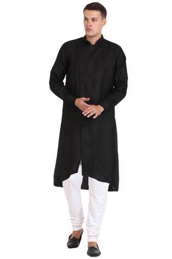 Men'S Zig Zag Black Cotton Long Kurta