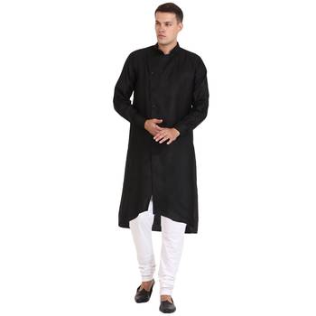 Men'S Zig Zag Black Cotton Long Kurta 1