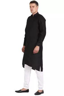 Men'S Zig Zag Black Cotton Long Kurta