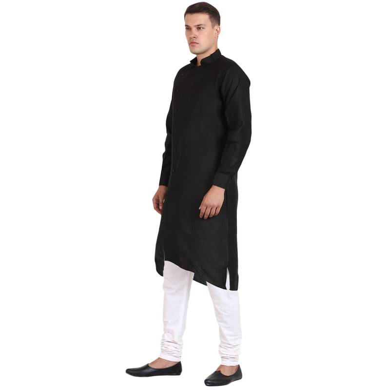 Men'S Zig Zag Black Cotton Long Kurta