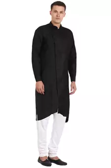 Men'S Zig Zag Black Cotton Long Kurta