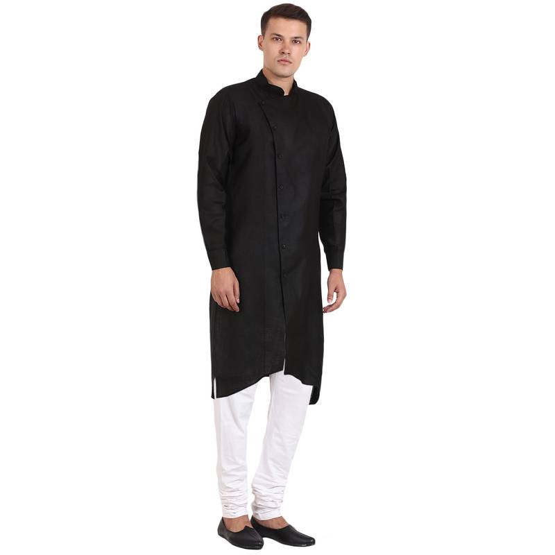 Men'S Zig Zag Black Cotton Long Kurta