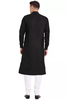 Men'S Zig Zag Black Cotton Long Kurta