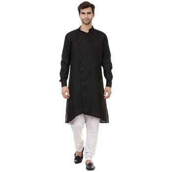 Men'S Zig Zag Black Cotton Long Kurta 1
