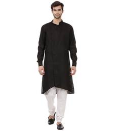 Men'S Zig Zag Black Cotton Long Kurta