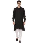Men'S Zig Zag Black Cotton Long Kurta