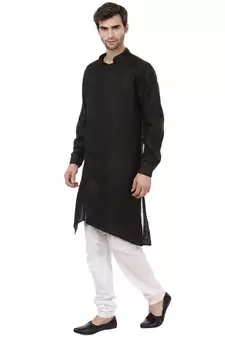 Men'S Zig Zag Black Cotton Long Kurta