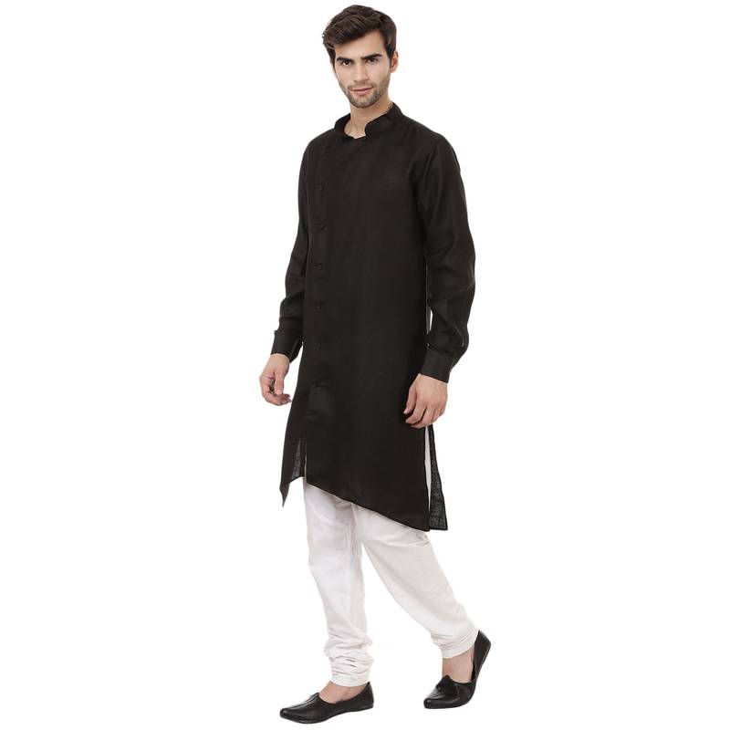 Men'S Zig Zag Black Cotton Long Kurta