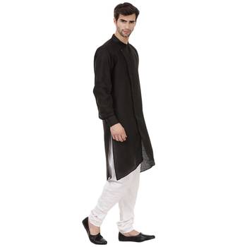 Men'S Zig Zag Black Cotton Long Kurta 3