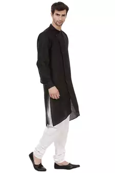 Men'S Zig Zag Black Cotton Long Kurta