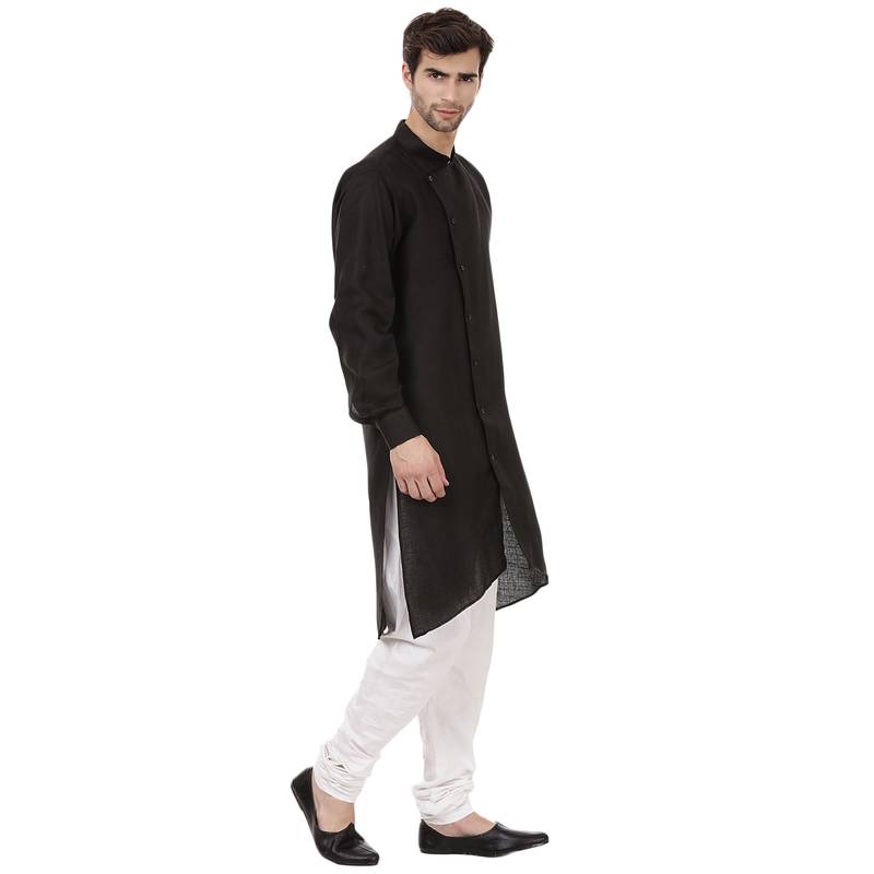 Men'S Zig Zag Black Cotton Long Kurta
