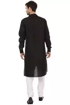 Men'S Zig Zag Black Cotton Long Kurta