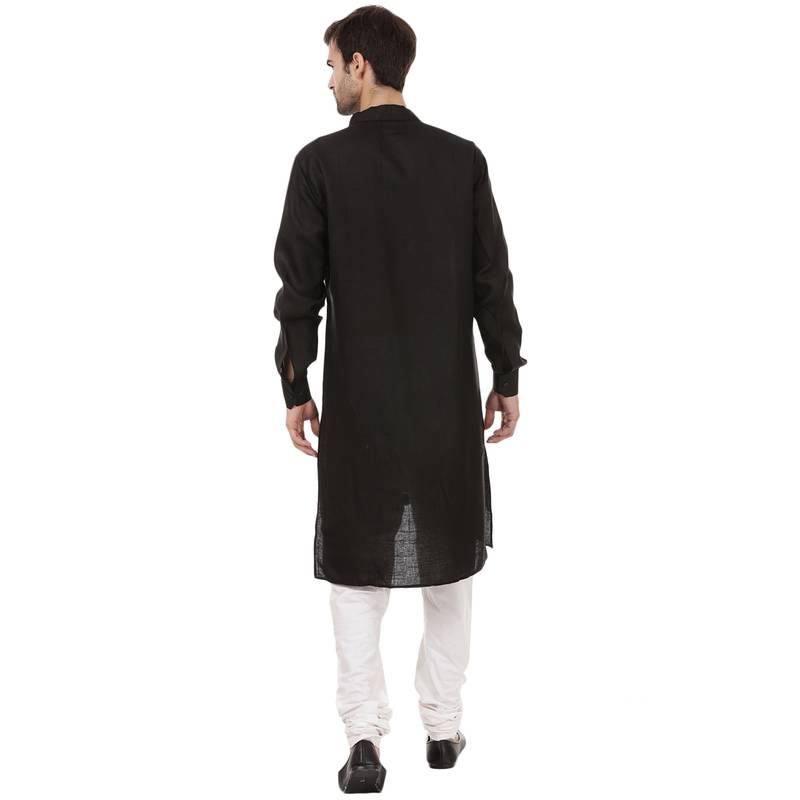 Men'S Zig Zag Black Cotton Long Kurta