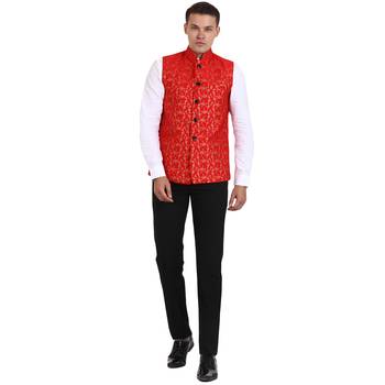 Red Banarasi Print Nehru Jacket 1