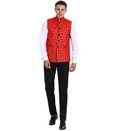Red Banarasi Print Nehru Jacket