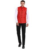 Red Banarasi Print Nehru Jacket