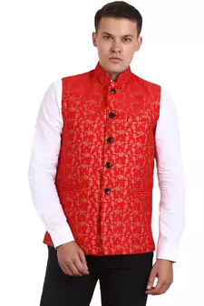 Red Banarasi Print Nehru Jacket