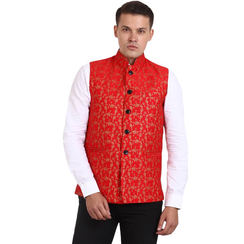 Red Banarasi Print Nehru Jacket
