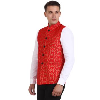 Red Banarasi Print Nehru Jacket 3