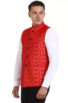 Red Banarasi Print Nehru Jacket