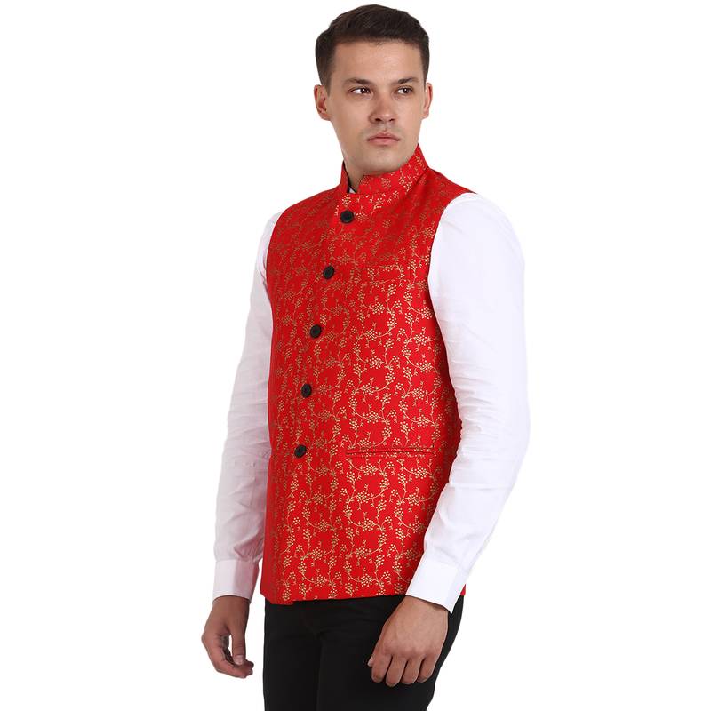 Red Banarasi Print Nehru Jacket