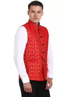 Red Banarasi Print Nehru Jacket