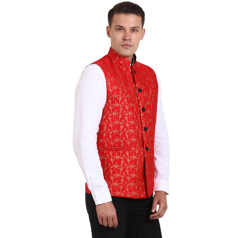 Red Banarasi Print Nehru Jacket