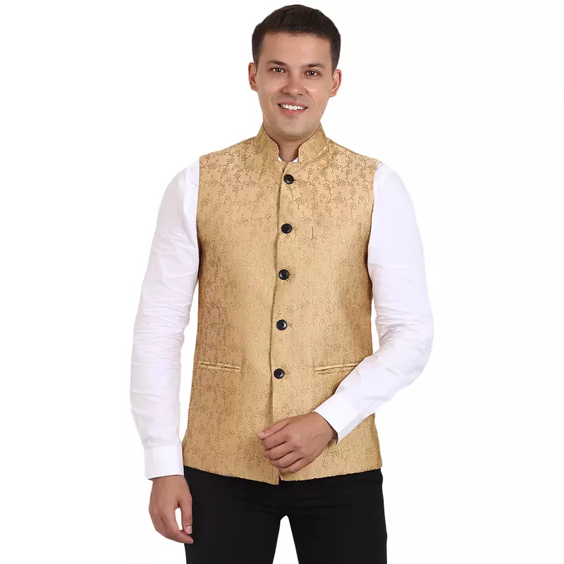 Golden Banarasi Print Nehru Jacket